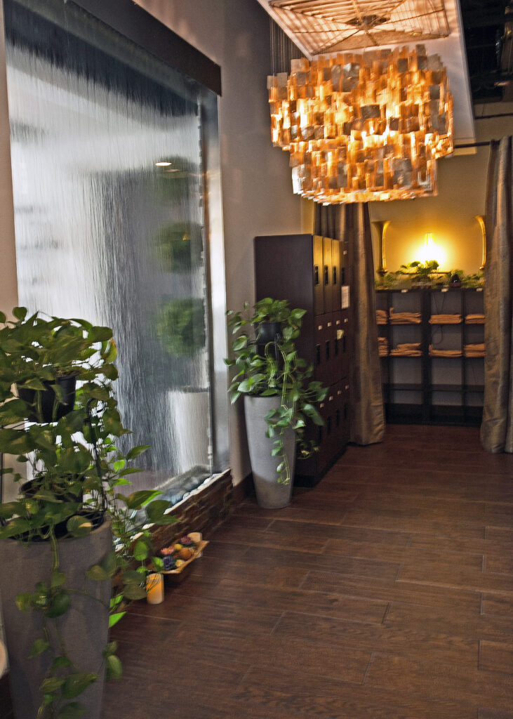 Spa entrance hallway with warm pendant lights